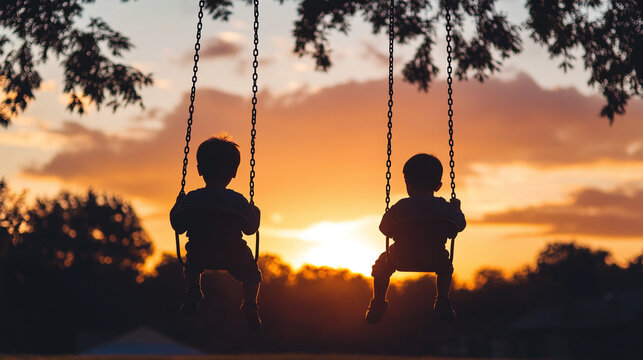 Silhouettes of two toddler boys playing outdoors on the playground with swings and slide during the summer sunset. childhood happiness, best friends, male preschool children leisure fun activity.