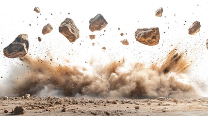 A powerful burst of brown earth and rocks explodes from the ground against a white and transparent...
