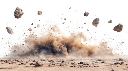 A powerful burst of brown earth and rocks explodes from the ground against a white and transparent background.