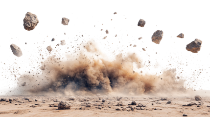 A powerful burst of brown earth and rocks explodes from the ground against a white and transparent background.