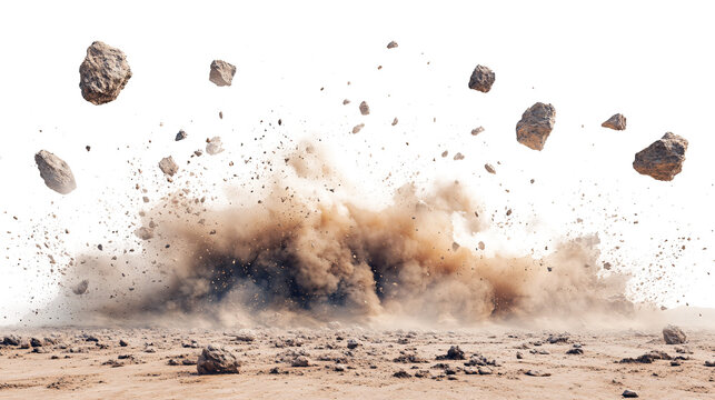 A powerful burst of brown earth and rocks explodes from the ground against a white and transparent background.