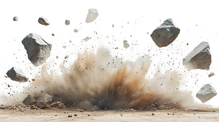 A powerful burst of brown earth and rocks explodes from the ground against a white and transparent...