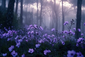 misty forest with purple flowers in bloom