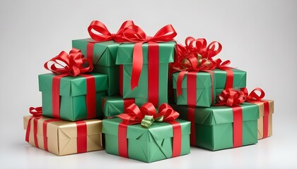 Obraz premium Stack of Christmas presents wrapped with red and green ribbons, isolated on a white background.