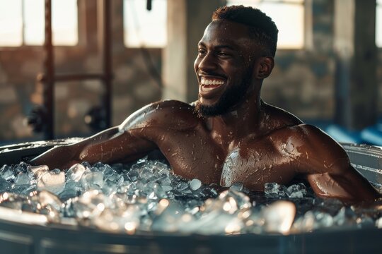 A happy, muscular black athletic man sits immersed in icy water inside a gray plastic tub filled with ice cubes, located in a gym.