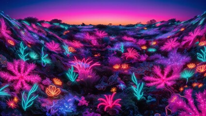 Bioluminescent landscape with unusual plants and pink sunrise
