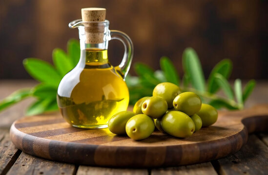 olive oil and olives on a table, food and drink