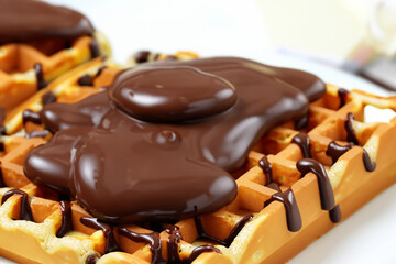 Waffle covered in syrup and drizzled with chocolate. Waffle with white chocolate on a white background. Close up of a waffle with brown sugar and chocolate. Close up of a waffle lifestyle with.