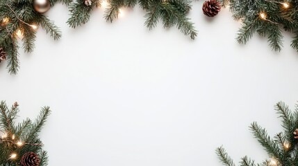 PNG White background Seamless decorative christmas border with coniferous branches and garlands of christmas lights and ornaments festival cricket sports.