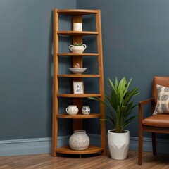 Corner shelving unit with five shelves, displaying home decor items.