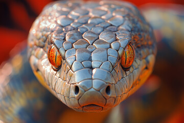 Fototapeta premium Head of a gray snake with orange eyes close-up short