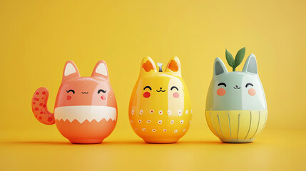 Cute and colorful ceramic figures with animal designs stand against a bright yellow backdrop