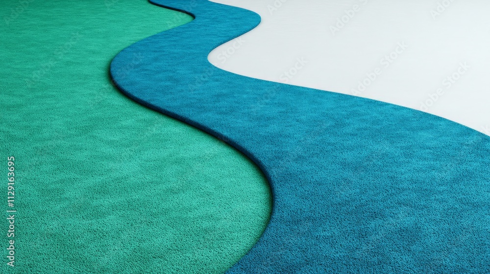 Poster abstract wavy path: a minimalist design featuring a blue path snaking through a green background, ev