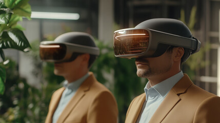 Two men wearing virtual reality headsets in modern setting