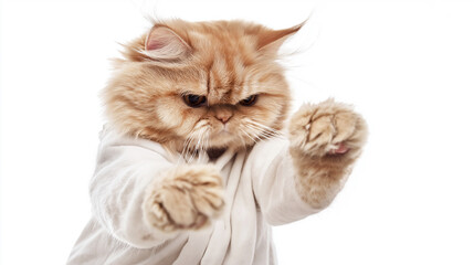 Obraz premium Fluffy cat pawing forward in a karate punch, isolated in white background