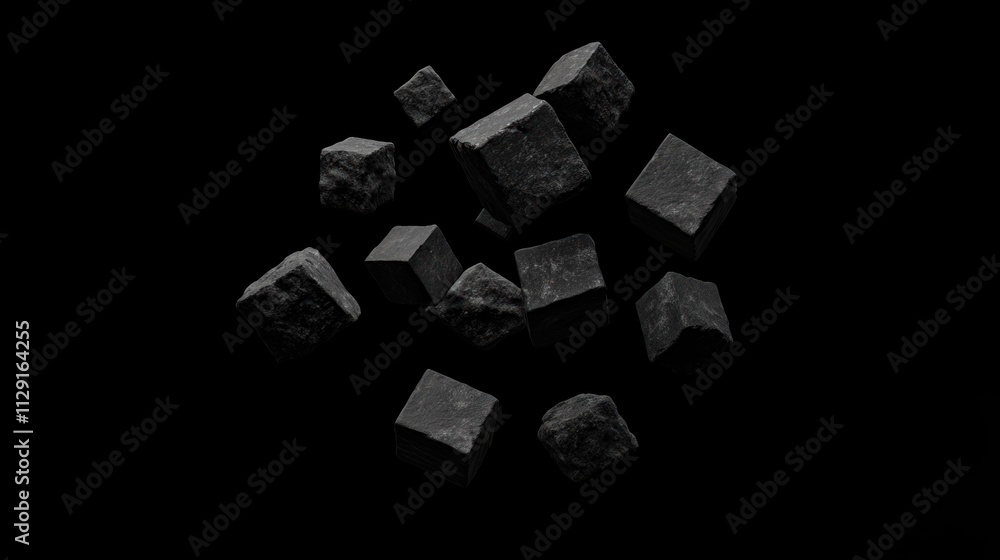Poster abstract dark cubes floating in space: a monochromatic study of form and gravity