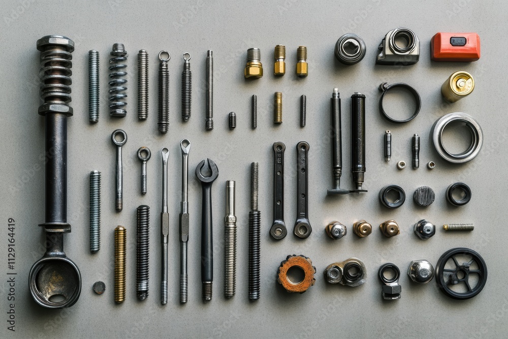 Poster various car parts and tools such as bolts, nuts, spark plugs, and wrenches are organized neatly, off