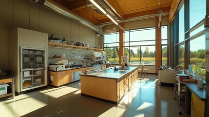 Fototapeta premium A bright, modern kitchen with large windows, wooden beams, and organized shelves filled with various cooking equipment.