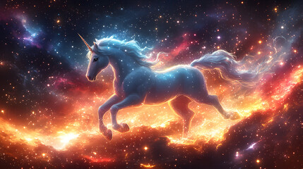 A vibrant and magical cartoon-style illustration of a unicorn flying through a galaxy, with sparkling stars and nebulae, and a trail of glittering dust following its every move.