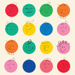 Colorful round comic faces with unique emotions, drawn in a playful crayon style. Trendy and hand-drawn for a fun, whimsical touch.