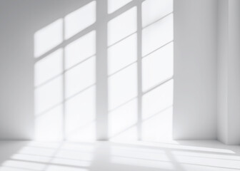 a room with a white wall and windows with sun shining through them.