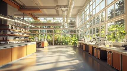 A bright, modern laboratory with large windows, showcasing greenery, organized shelves, and workspaces for research and experimentation.