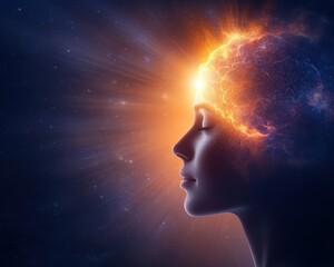 Obraz premium A serene profile of a woman with a luminous cosmic aura emanating from her head, symbolizing creativity and enlightenment.