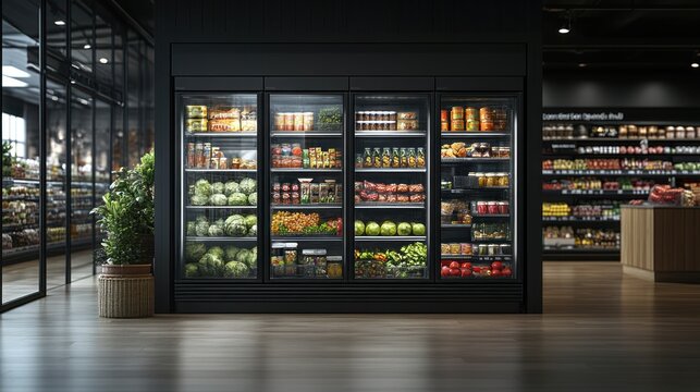 Modern Grocery Store Interior with Black and Glass Refrigerators