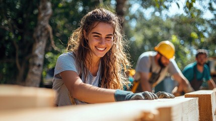 Young woman working with wood in a sunny outdoor environment, showcasing positive energy and teamwork among construction workers while engaging in a creative project
