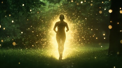 Naklejka premium A silhouette of a person running through a lush, illuminated forest, surrounded by sparkling light particles, evoking a sense of freedom and vitality.