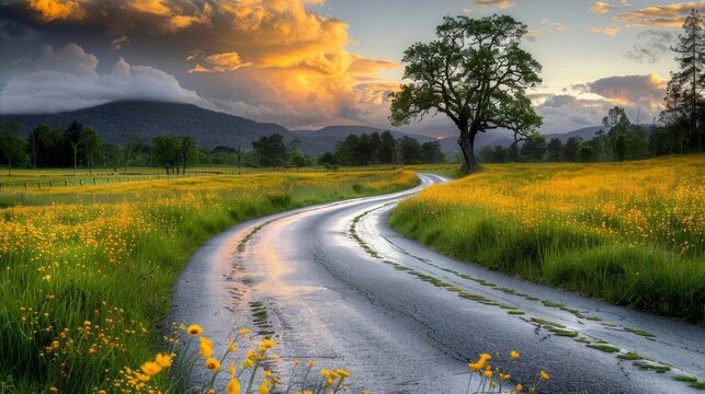 Serene country road surrounded by colorful spring flowers in a picturesque landscape - Powered by Adobe