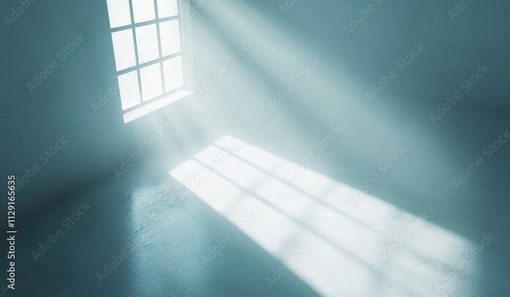Poster sunbeams stream through a window into a minimalist room, illuminating the floor.