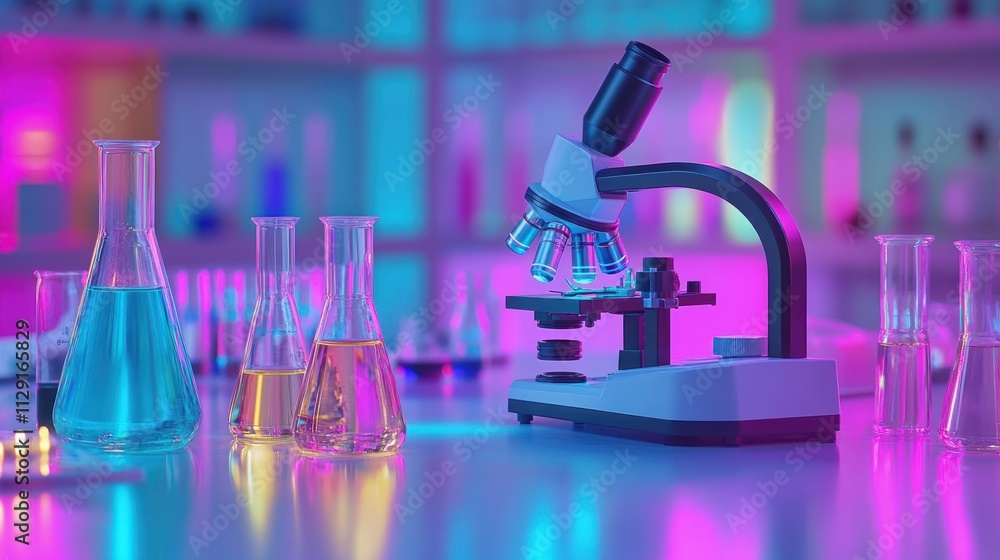 Poster a colorful laboratory scene featuring a microscope and various glassware.