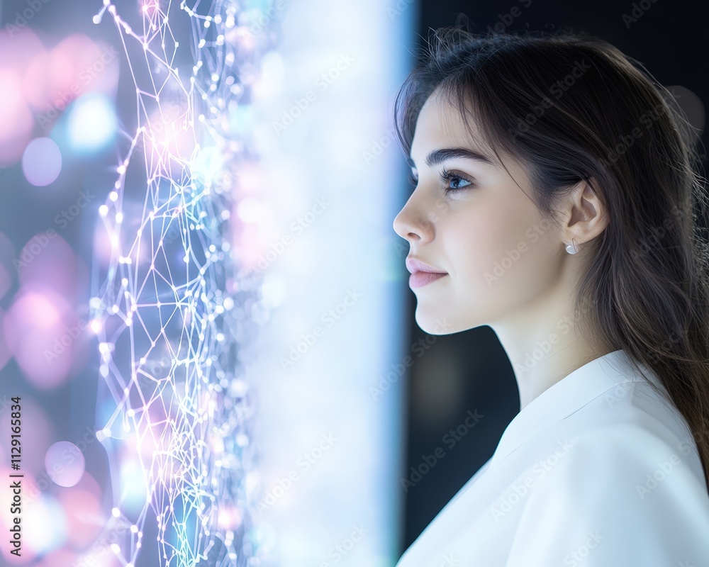 Poster a profile view of a woman gazing at a vibrant, illuminated display of interconnected nodes and light