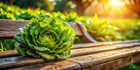 A Freshly Harvested Lettuce Head Resting on a Wooden Bench in a Garden Bathed in Sunlight