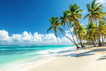 Obraz premium Tropical island with lush palm trees surrounded by crystal clear turquoise water under a bright blue sky