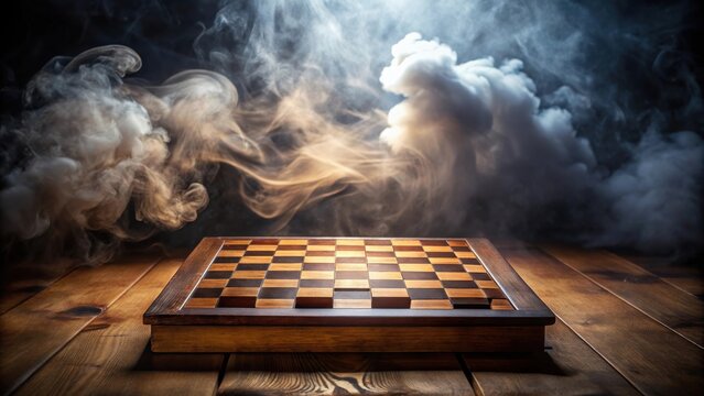 A wooden chessboard sits on a wooden surface, surrounded by a hazy mist that evokes a sense of intrigue and mystery.