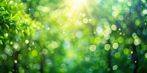 Fototapeta premium A vibrant green forest with the sun shining through the leaves, creating a beautiful bokeh effect.