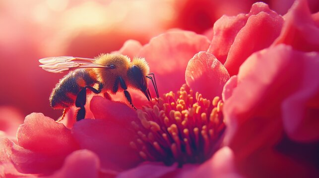 bee pollinating a flower in soft sunlight