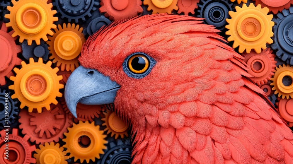 Poster red parrot among gears: a vibrant red parrot's head is the focal point, surrounded by a mesmerizing 