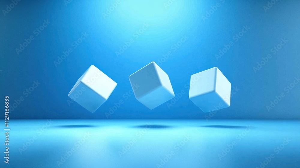 Poster three floating cubes in a blue studio
