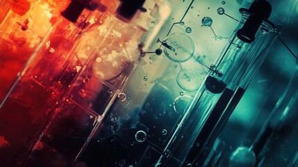 A vibrant abstract image featuring colorful test tubes and bubbles, showcasing a scientific theme with a blend of red and blue hues.