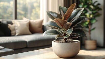 A Scandinavian-inspired living room scene with a rubber plant in a minimalist concrete planter, a light wood coffee table, and neutral-toned furniture, all set against a plain white backdrop 