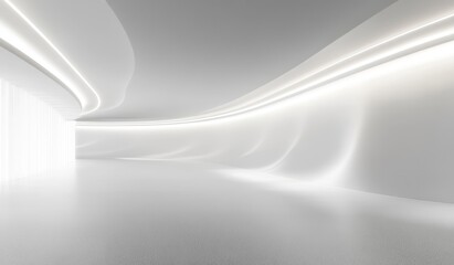 Abstract white futuristic interior with glowing lines and curves.