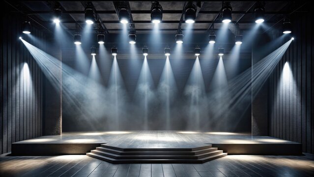 A dark stage with spotlights, smoke, and a wooden floor, creating a dramatic and atmospheric setting for a performance or presentation