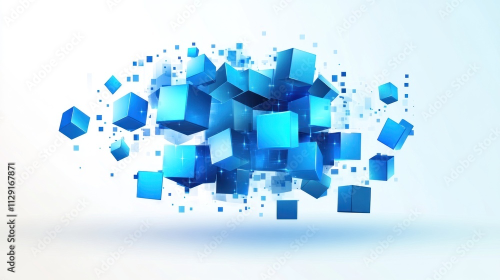 Poster abstract blue cubes exploding in 3d space: a digital art representation of data, technology, and inn