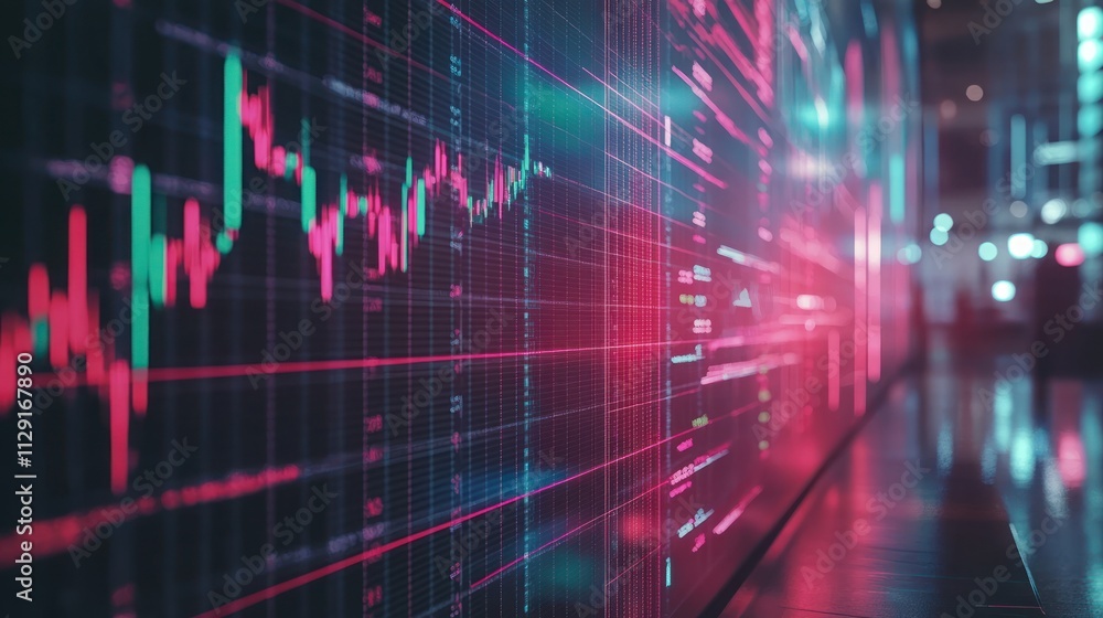 Aufkleber stock market data displayed on a large screen showing financial charts and graphs with vibrant color