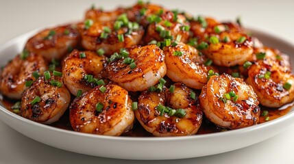 A serving of spicy chili garlic prawns, glistening with sauce and garnished with chopped green onions, arranged on a sleek white platter against a plain white backdrop