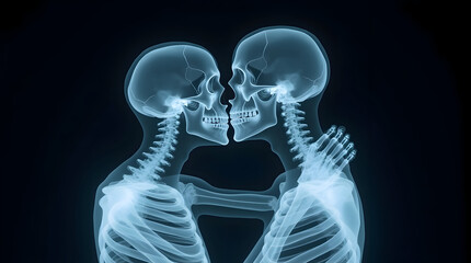 X-ray Visualization of Two Skeletons Embracing in a Close Intimate Kiss Illuminated by a Dark Background