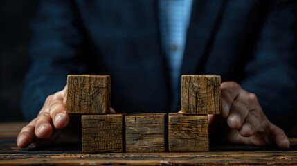 Businessman in a suit thoughtfully arranges wooden blocks on a rustic table